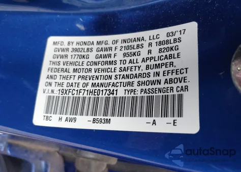 2017 Honda Civic Ex-L from USA, damaged, VIN 19XFC1F71HE017341